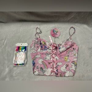 Dollskill pink graphic cropped front ribbon lace up Corset Top small w/ markers